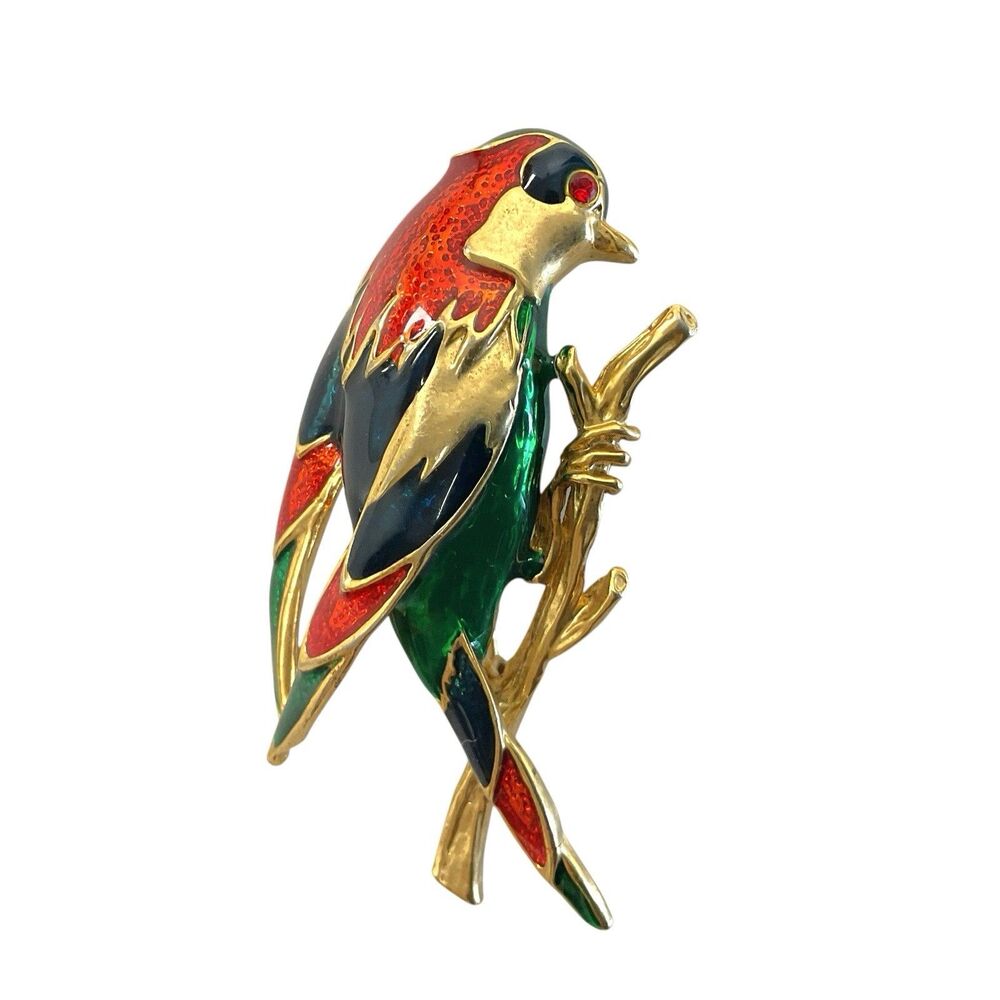 Vintage Enamel Gold Tone Parrot Parakeet Brid Pin‎ Brooch Colorful Animal 2.25”